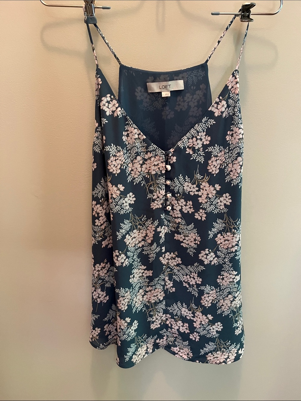 LOFT Floral Cami Tank Top Womens L Teal Pink Button Front V-Neck Dainty Coquette